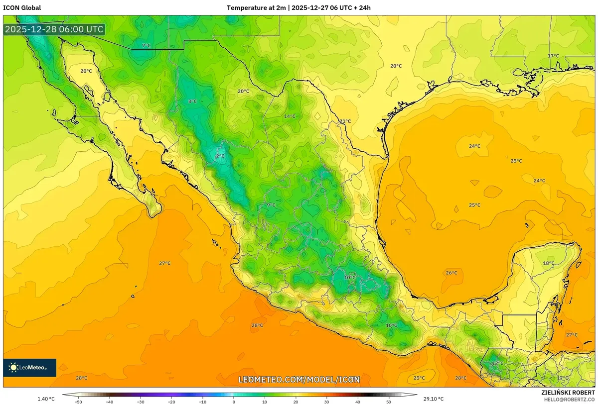 Variación de temperatura en todo el país al amanecer el 28 de dic de 2025