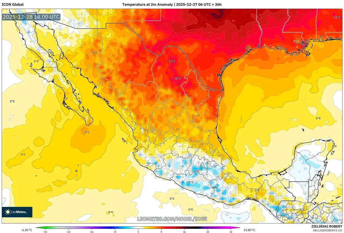 Anomalías cálidas en el norte y centro de México el 28 de dic 2025