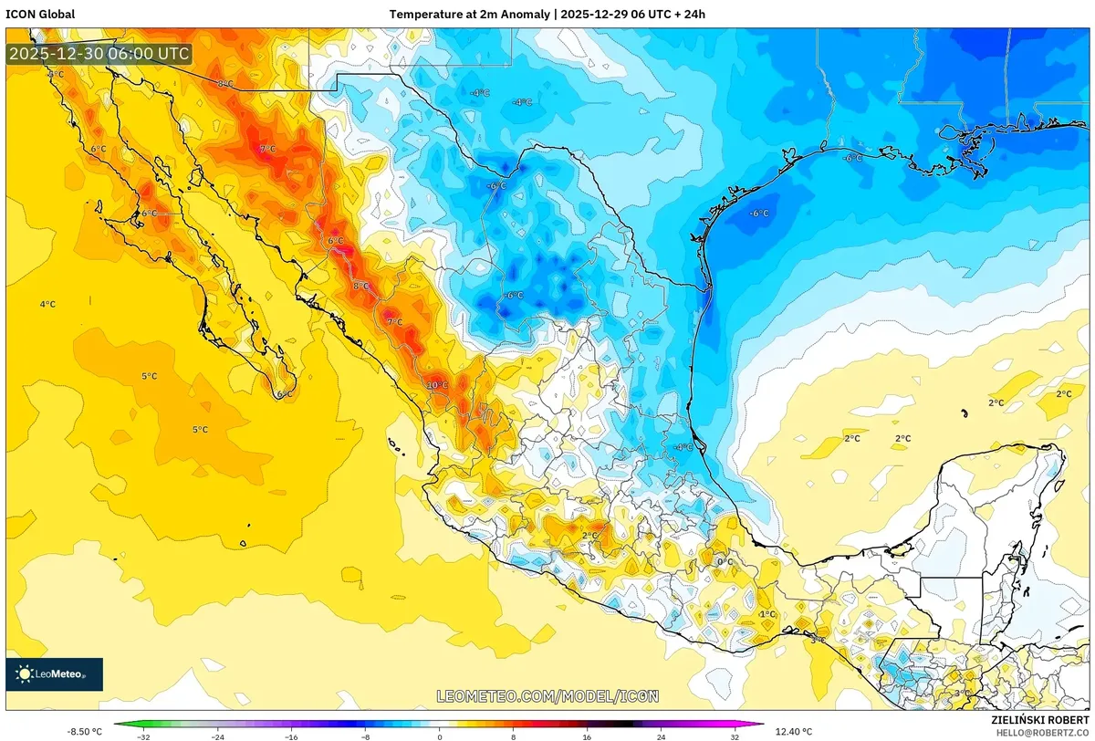 Anomalías frías en el norte de México el 30 de dic 2025