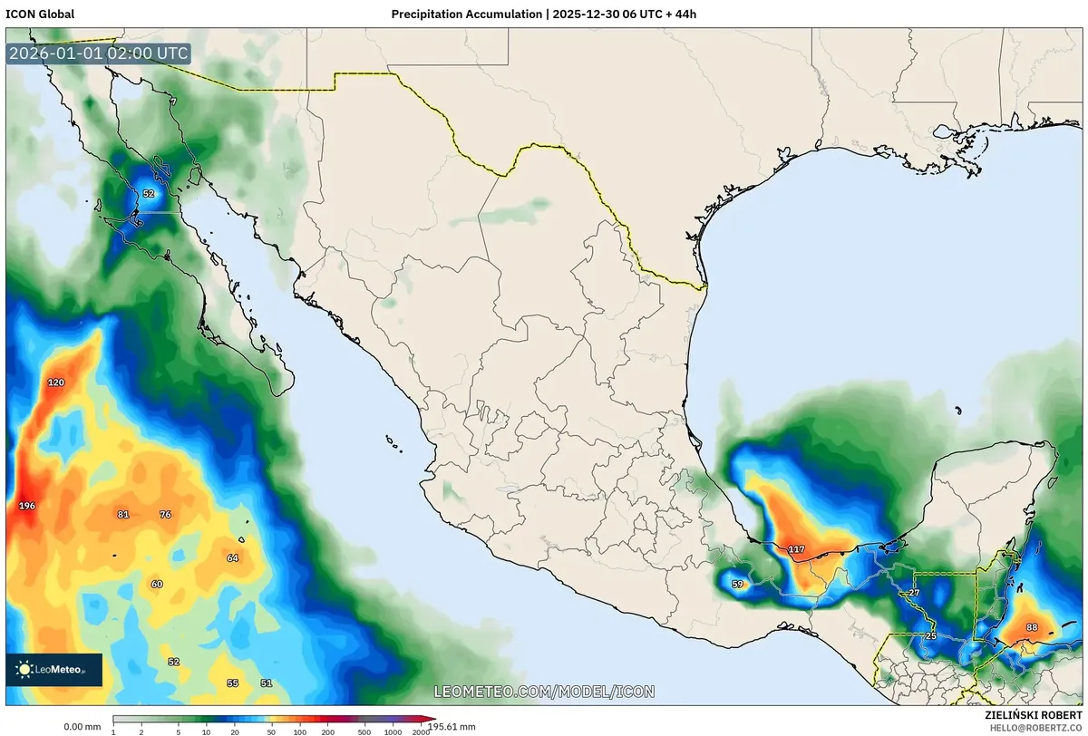 Precipitación Acumulada en el Oeste de México el 31 de dic de 2025