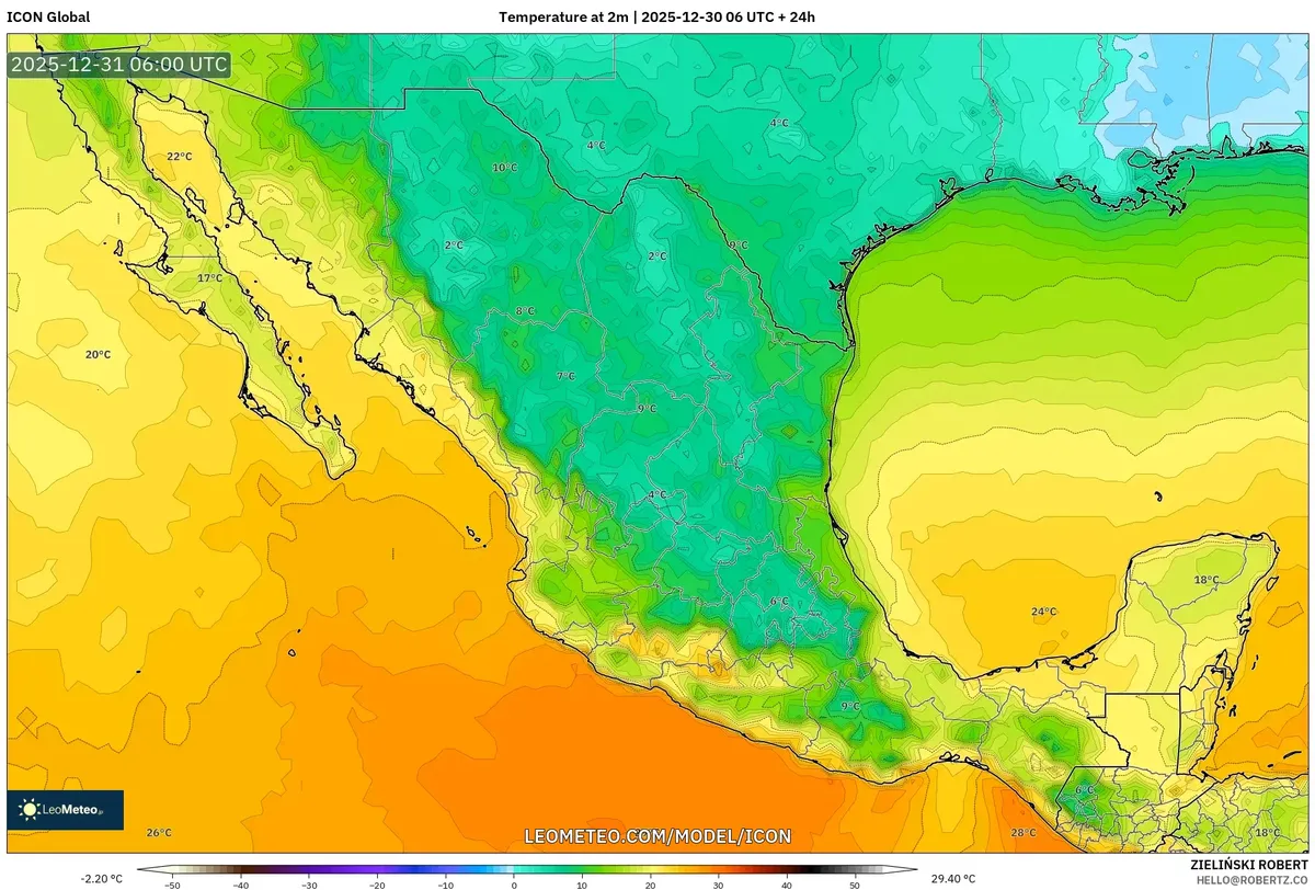 Temperaturas en la superficie en Puebla el 31 de dic 2025