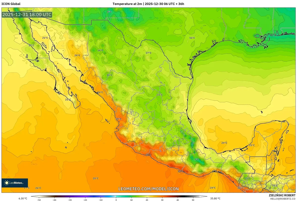 Pico de calor alrededor de Guadalajara el 31 de dic 2025
