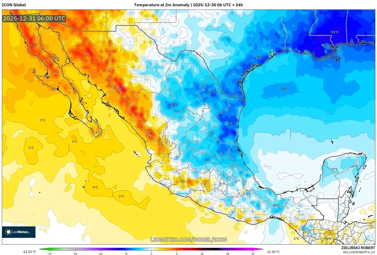 Anomalías cálidas a 2m en todo México el 31 de dic, 2025