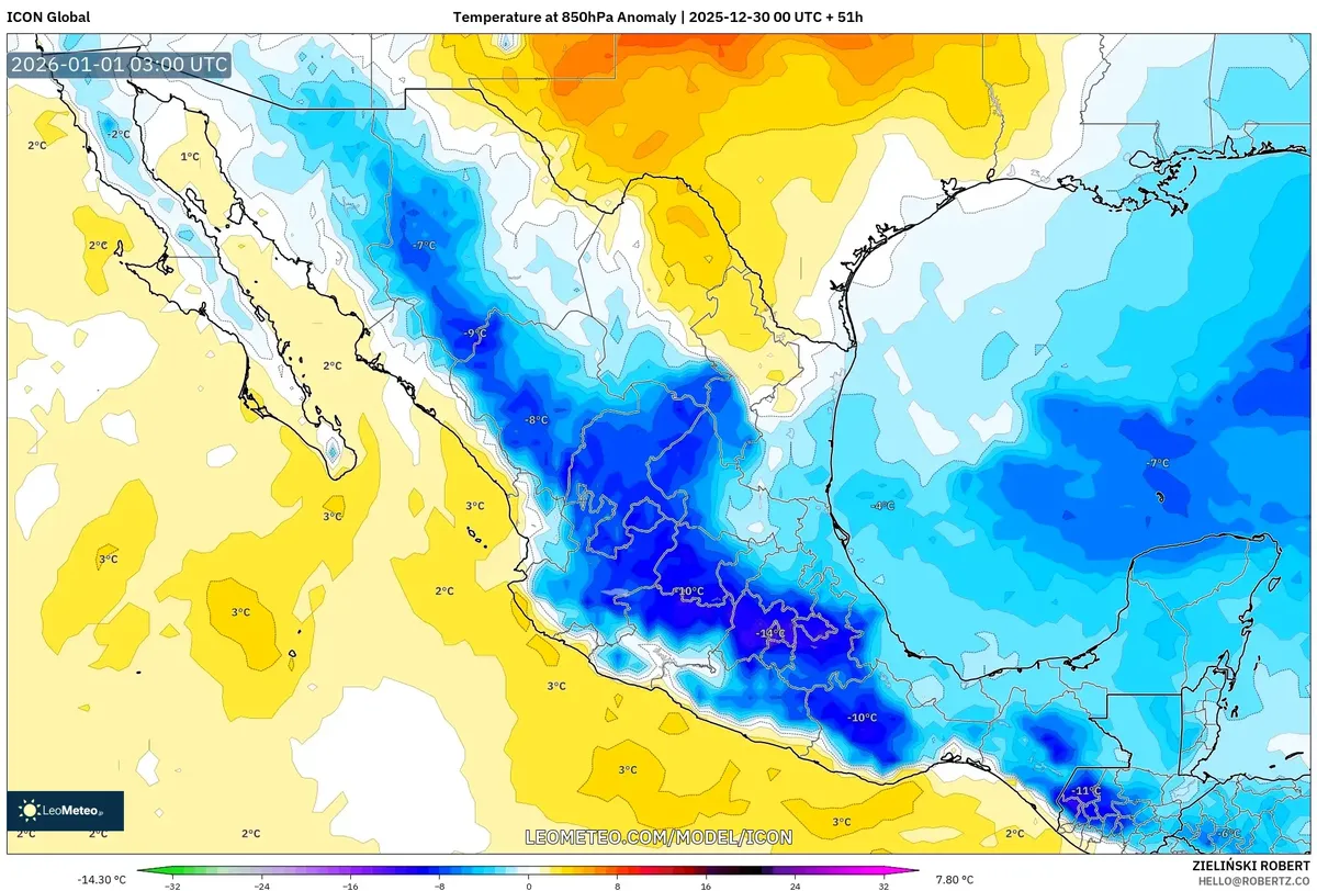 Anomalía de temperatura en niveles altos que se dirige hacia el 1 de enero de 2026
