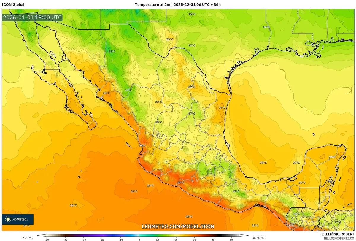 Temperaturas máximas alrededor de Guadalajara el 1 de enero de 2026