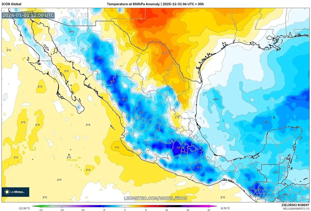 Anomalías cálidas en México central el 1 de enero de 2026