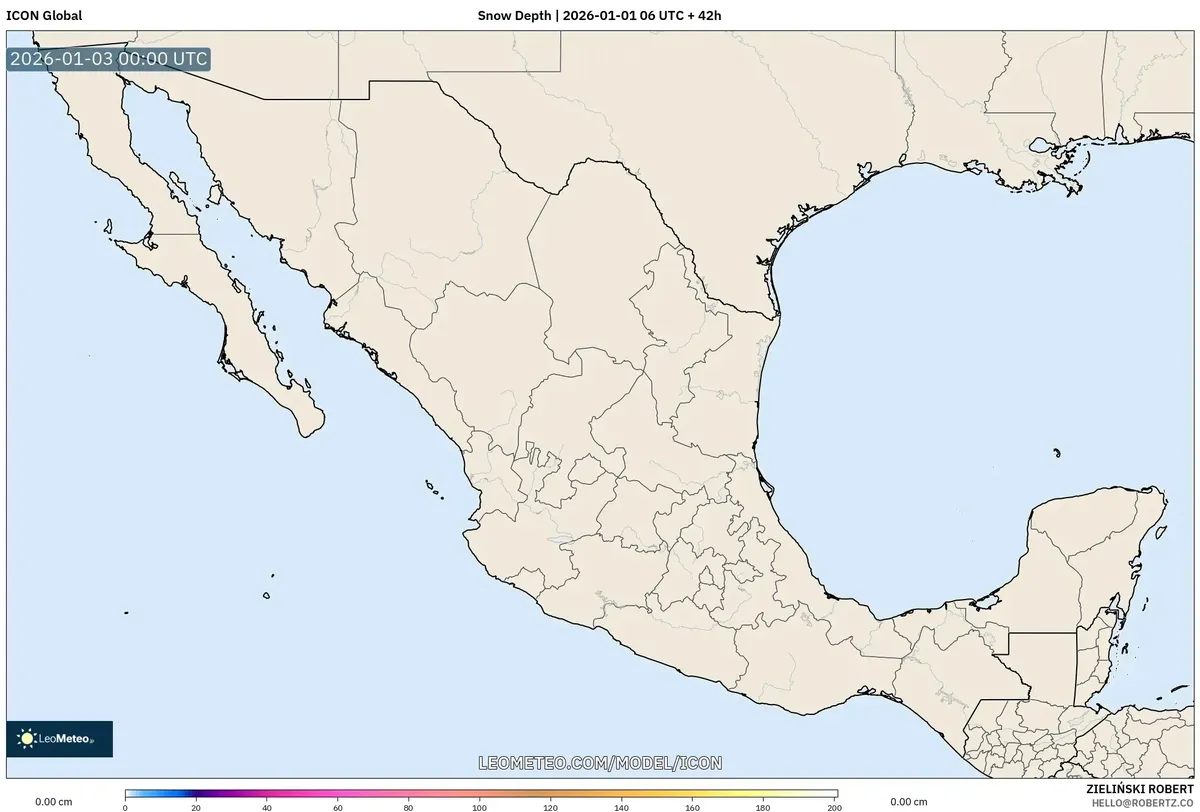 Baja profundidad de la nieve cubriendo la región el 2 de enero de 2026
