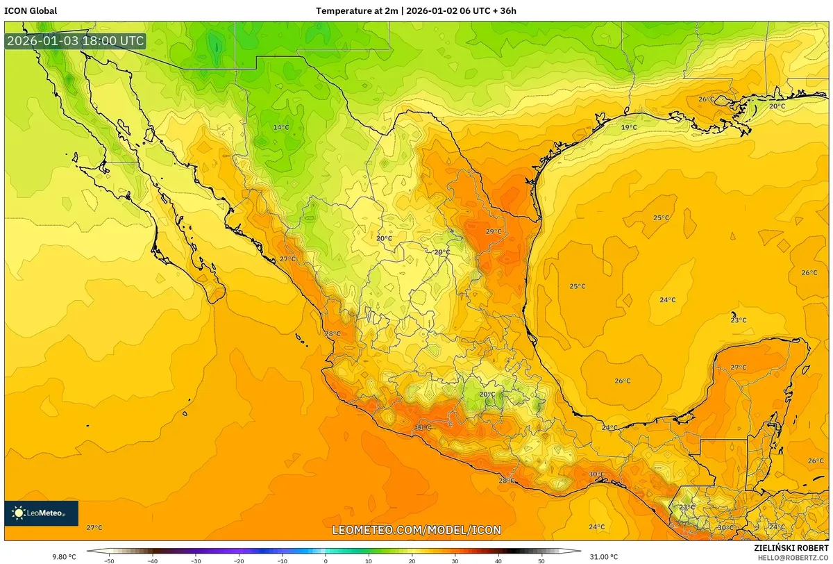 Temperaturas diurnas máximas en México central el 3 de enero de 2026