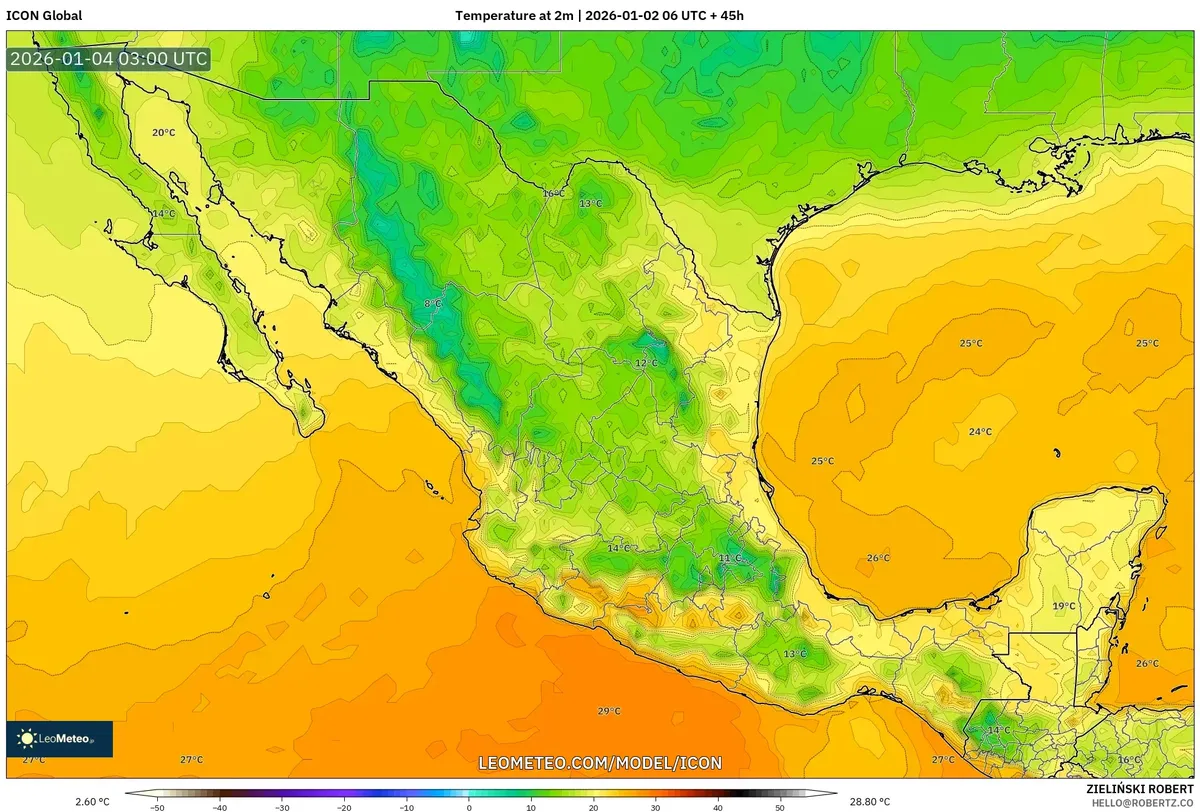 Disminución de la temperatura por la noche en todo México el 3 de enero de 2026