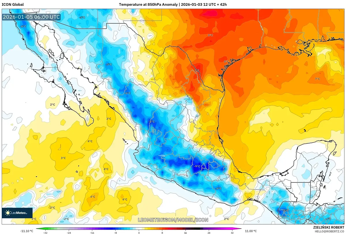 Anomalía de temperatura en 850hPa en México central el 5 de enero de 2026
