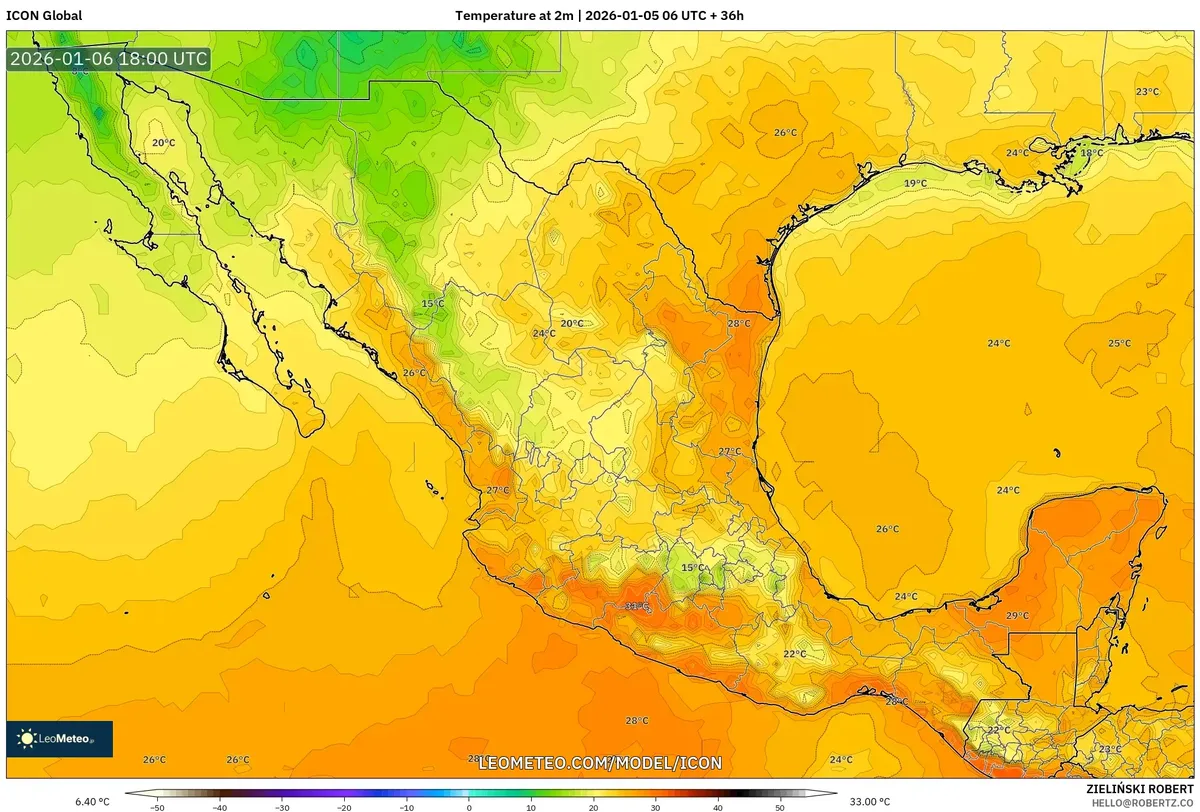 Temperaturas diurnas máximas en la región de Ciudad de México el 6 de enero de 2026