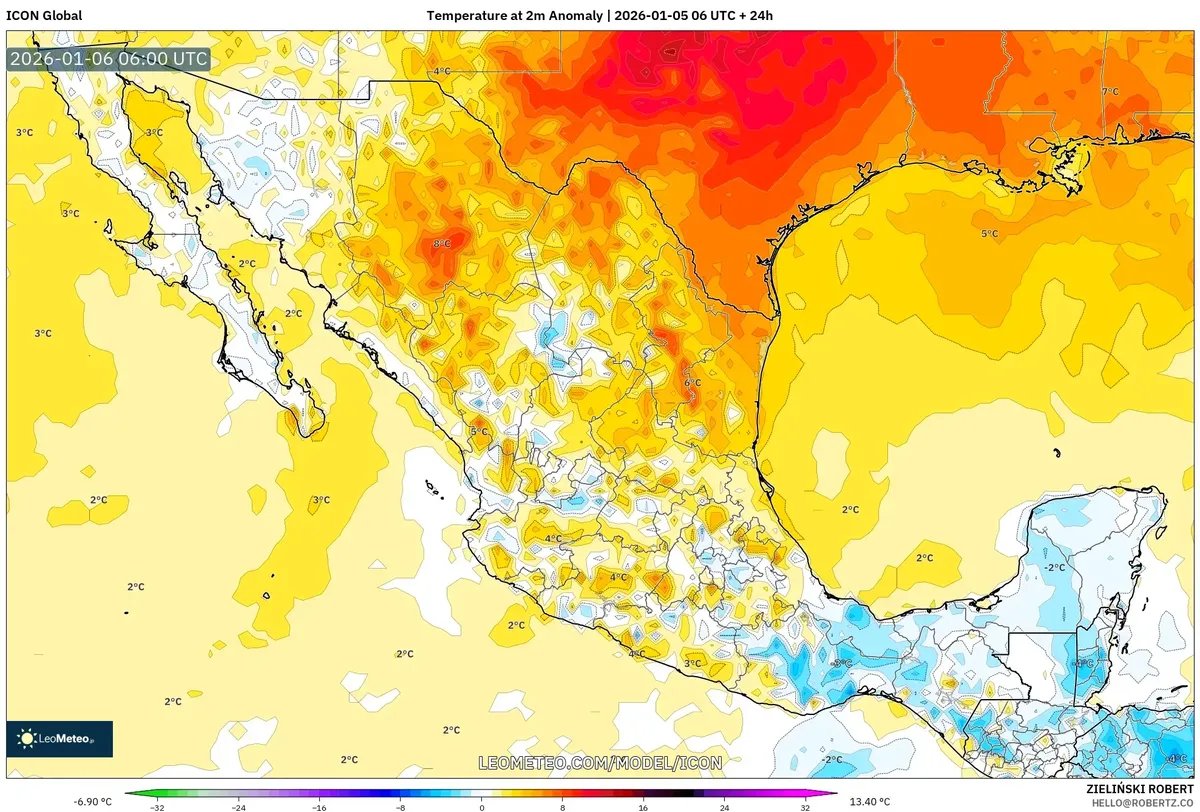 Anomalias de temperatura por encima del promedio en todo México central el 6 de enero de 2026