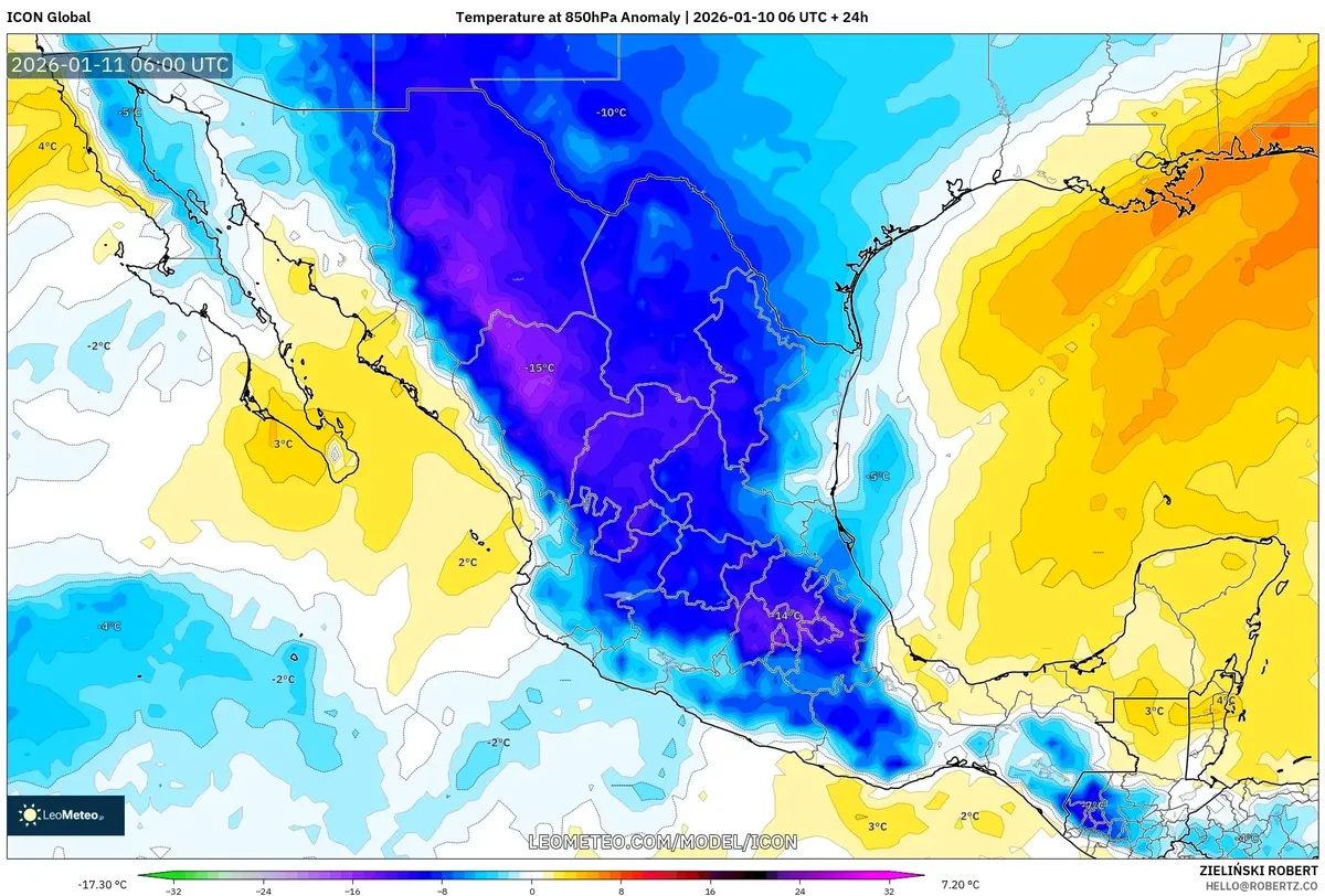 Mapa de anomalía de temperatura 11 de enero de 2026