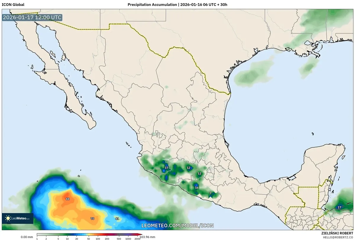 Acumulación de precipitación en el sur de México, 17 de enero de 2026