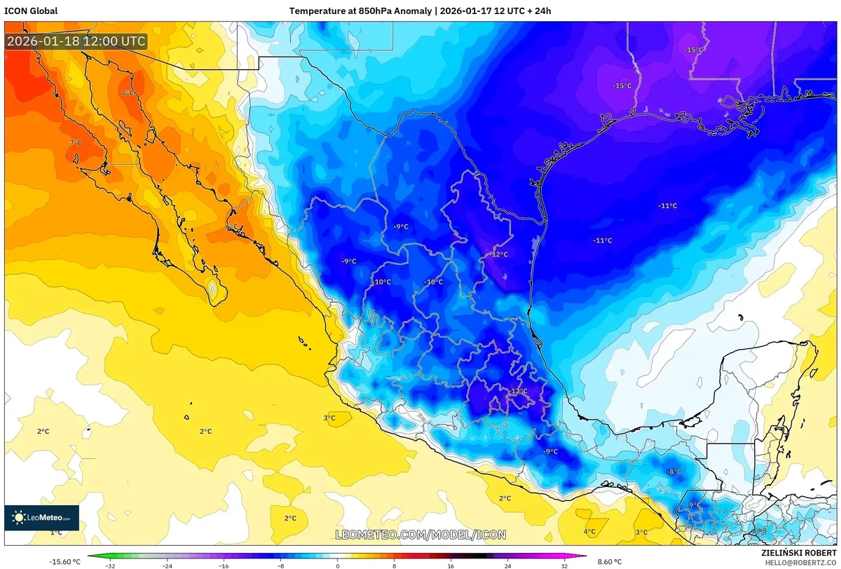 Anomalía de Temperatura a 850 hPa – 18 de Enero de 2026