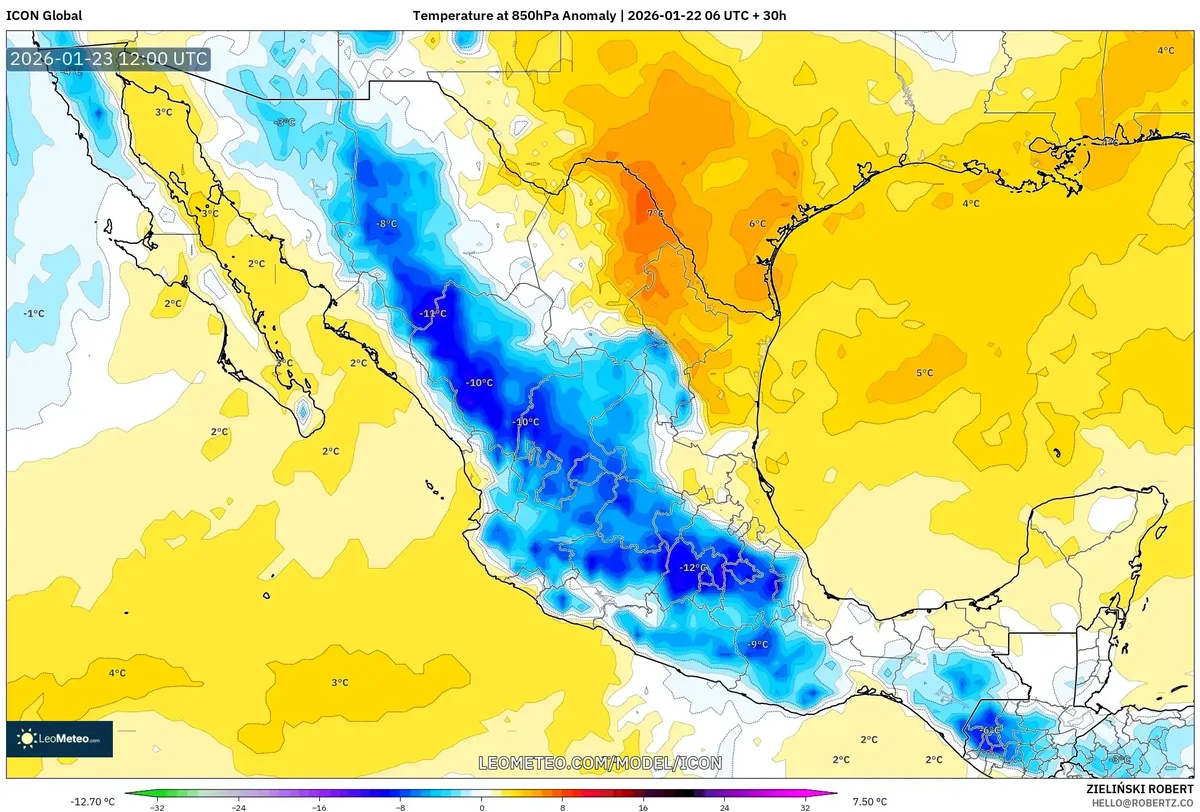 Anomalía de Temperatura en México 23 de enero de 2026