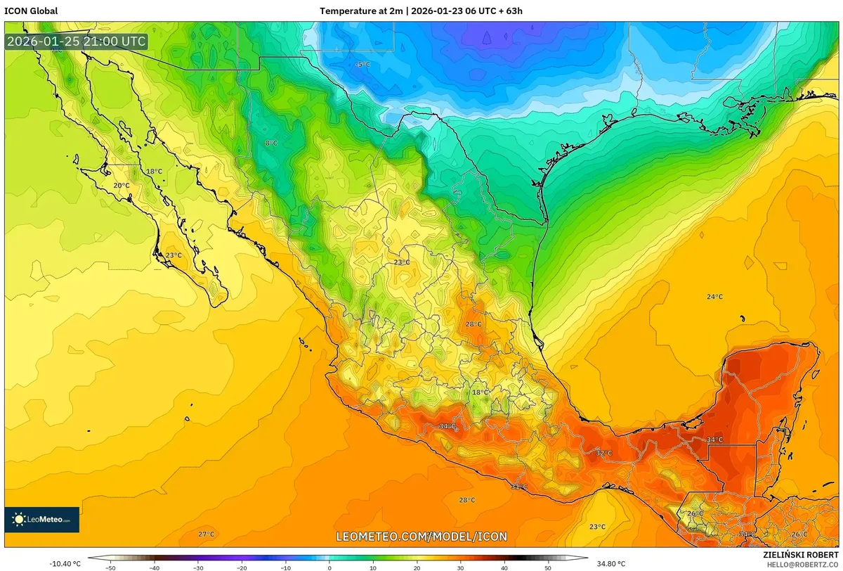 Temperatura máxima en Mérida el 25 de enero de 2026