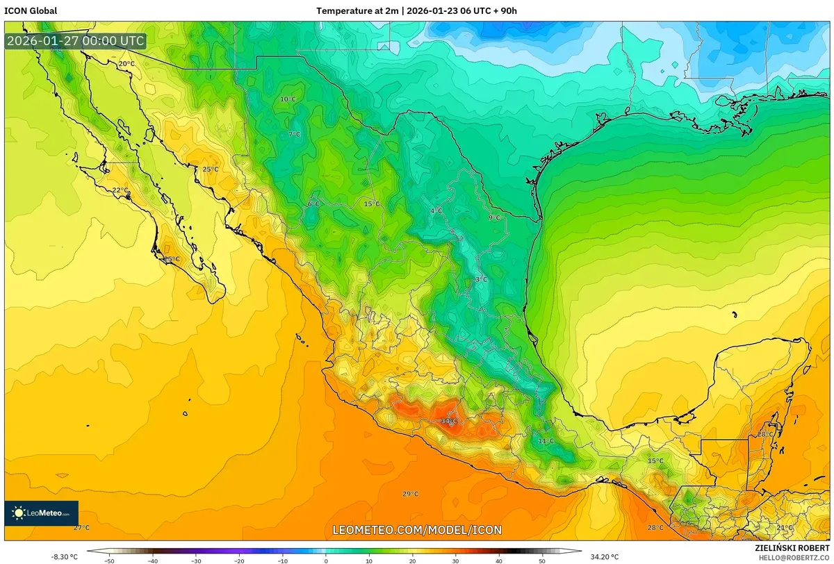 Temperatura máxima diurna el 26 de enero de 2026