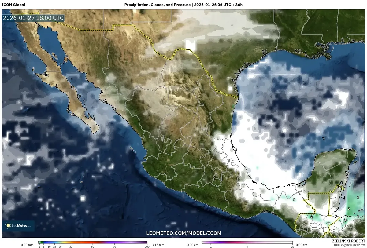 Aumento de nubosidad sobre el centro de México el 27 de enero de 2026