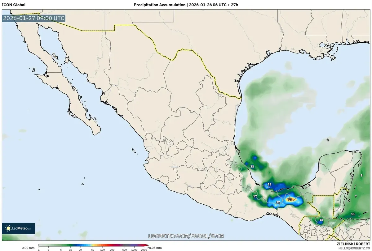 Ligera acumulación de precipitación cerca de Cancún el 27 de enero de 2026