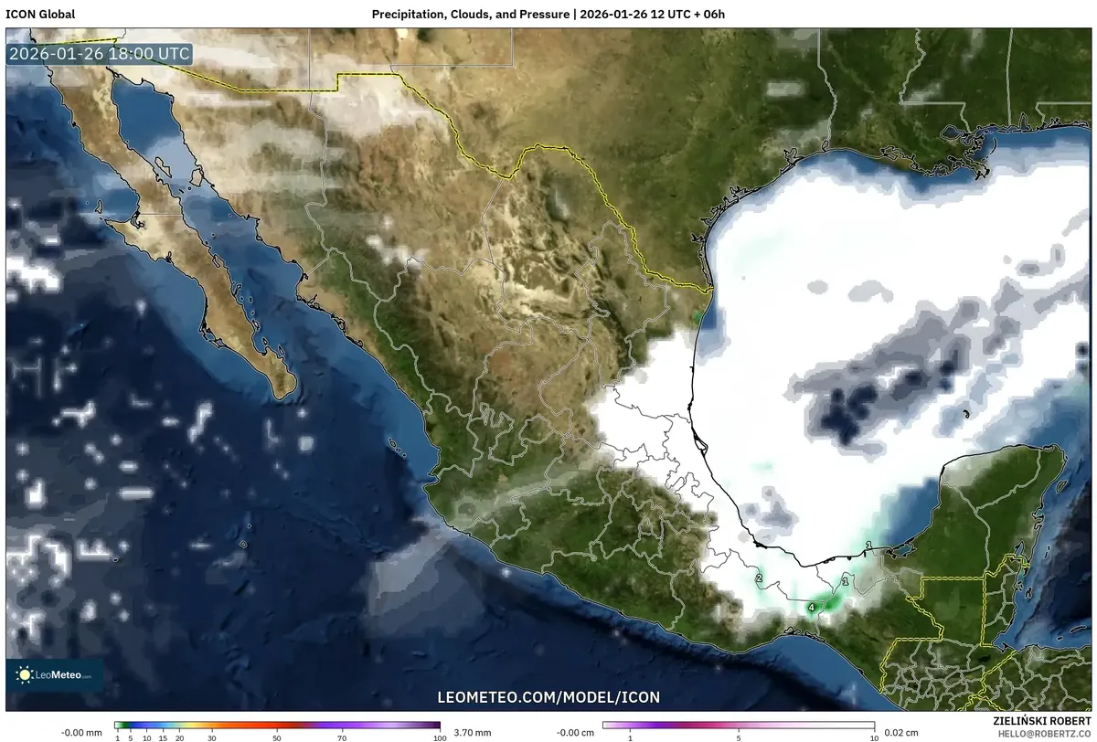 Cobertura de nubes y precipitación al mediodía del 26 de enero de 2026