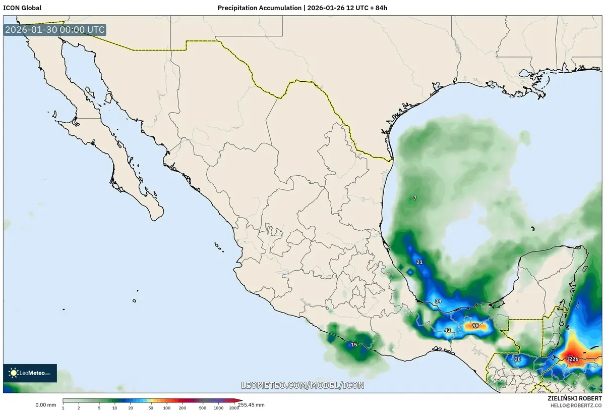 Acumulación de precipitación en Yucatán el 29 de enero de 2026