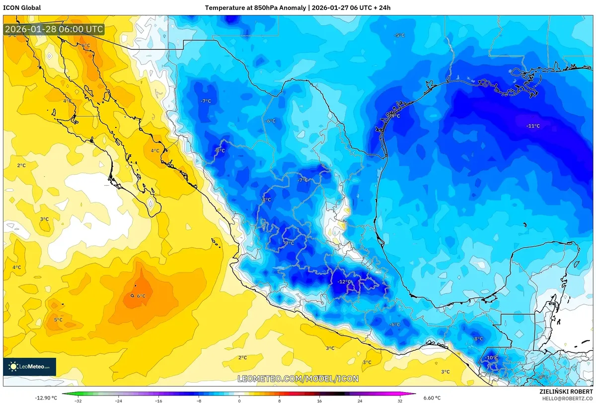 Anomalía de temperatura en el norte de México el 28 de enero de 2026