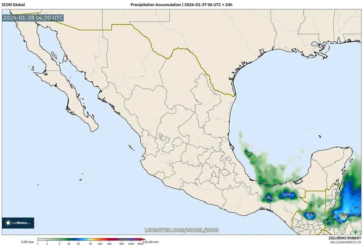 Acumulación de precipitación en el sur de México el 28 de enero de 2026