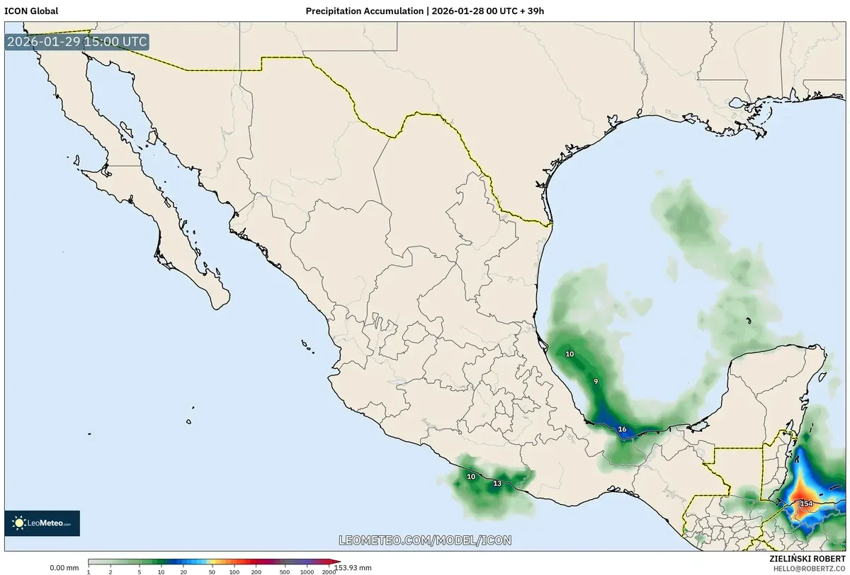 Acumulación de precipitación en el sureste el 29 de enero de 2026