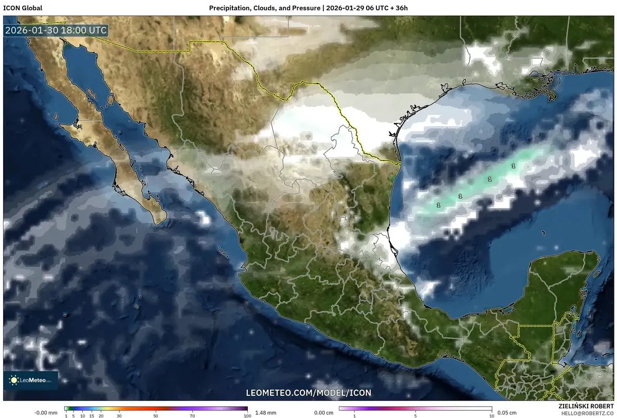 Cobertura nubosa y condiciones de precipitación en México el 30 de enero de 2026