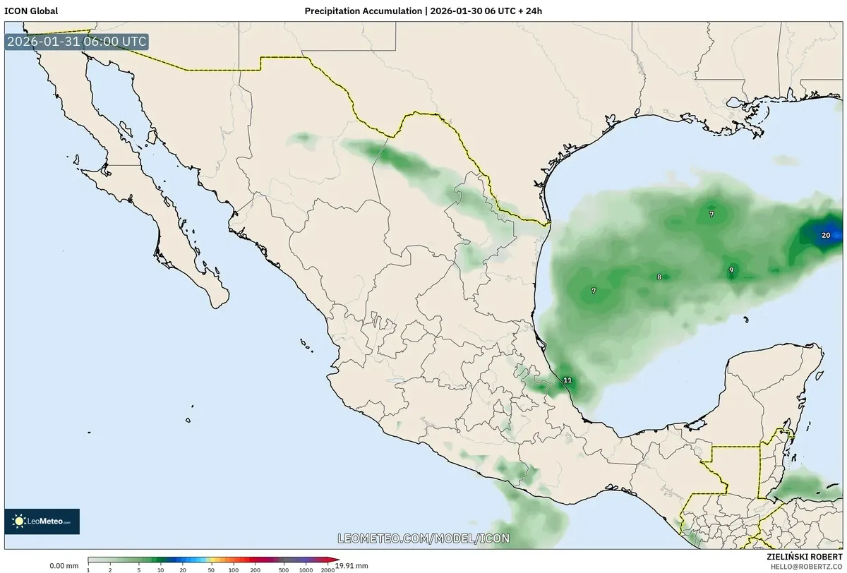 Acumulación de precipitación en el centro de México el 31 de enero de 2026