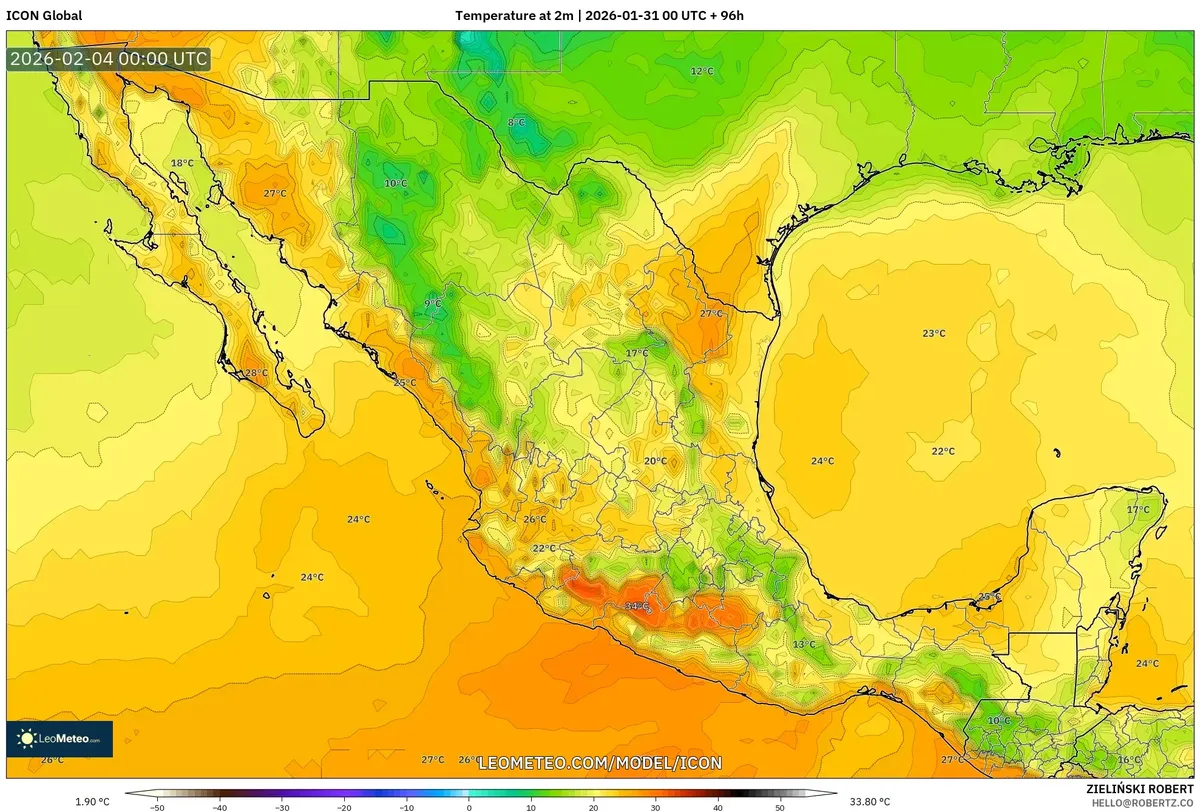 Temperatura máxima en el sur de México el 3 de febrero de 2026