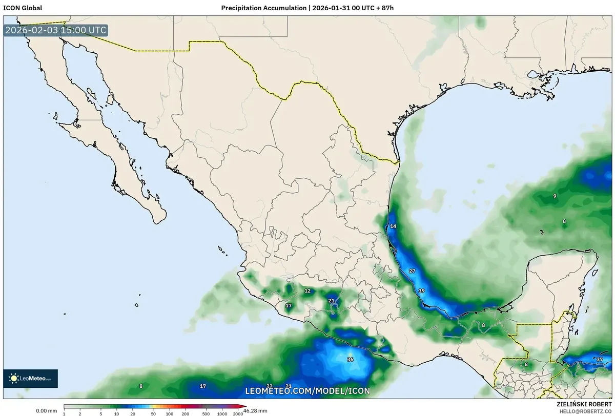 Acumulación de precipitación en regiones del sur el 3 de febrero de 2026