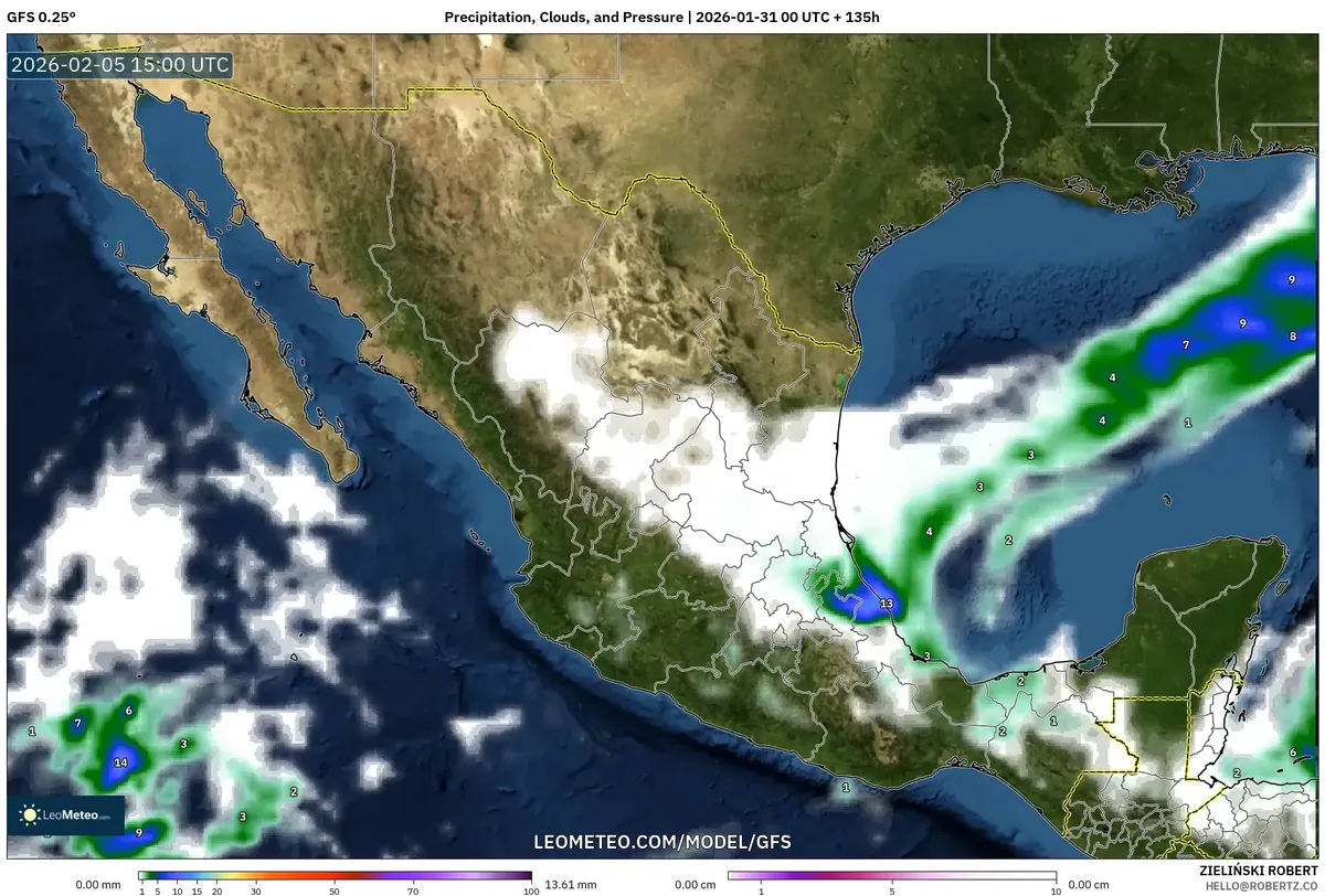 Nubes y precipitación en el sureste el 5 de febrero de 2026