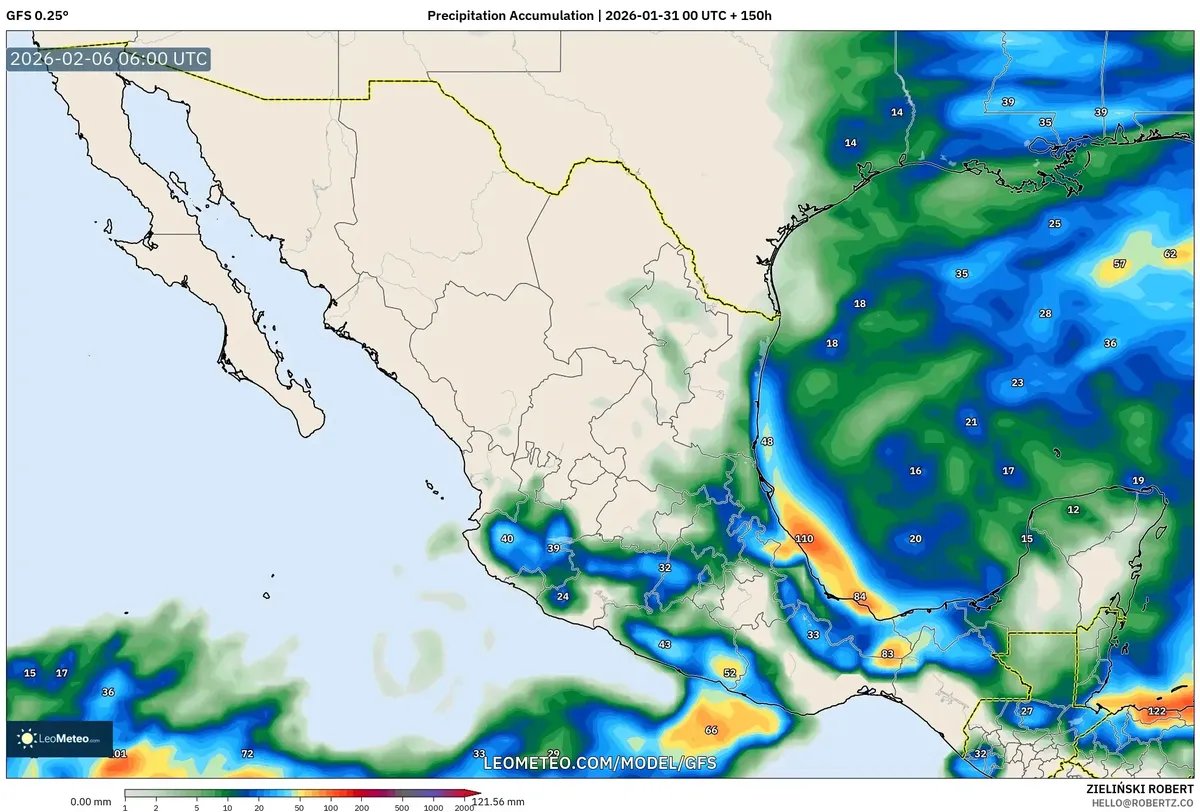 Acumulación de precipitación en el sur de México el 6 de febrero de 2026
