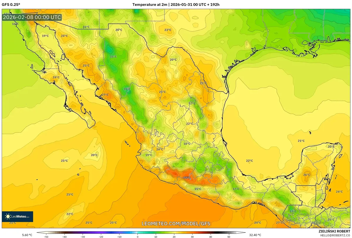 Temperatura a 2 m el 7 de febrero de 2026