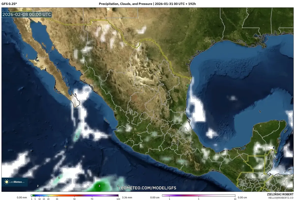 Precipitación y nubosidad el 7 de febrero de 2026
