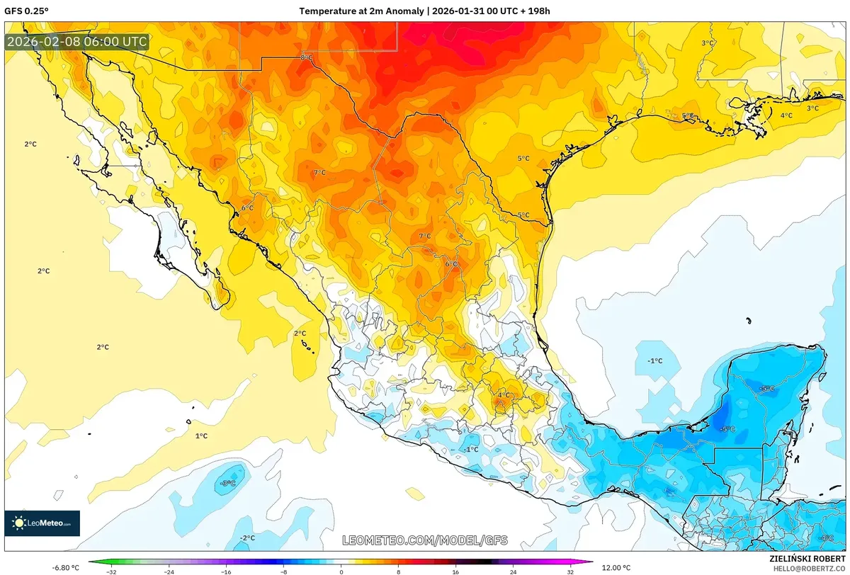 Anomalía cálida en México el 8 de febrero de 2026