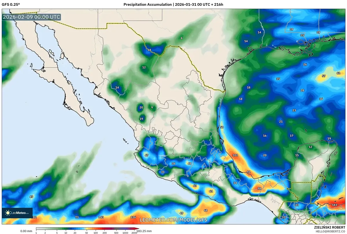 Acumulación de precipitación en la costa del Golfo el 8 de febrero de 2026