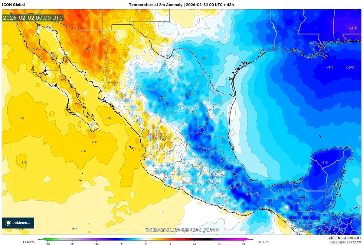 Anomalía de Temperatura a lo Largo del Norte de México el 1 de febrero de 2026