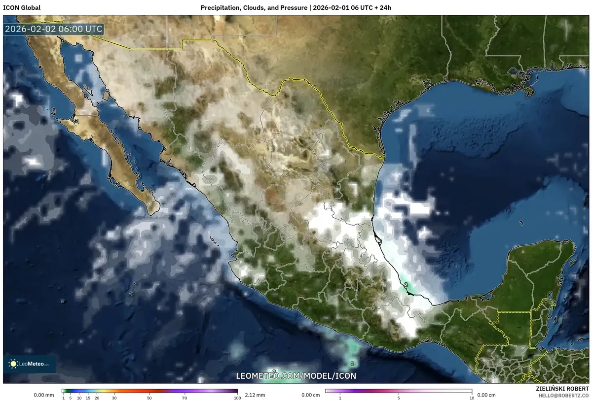 Resumen de precipitación, nubosidad, temperatura y presión para México el 2 de febrero de 2026