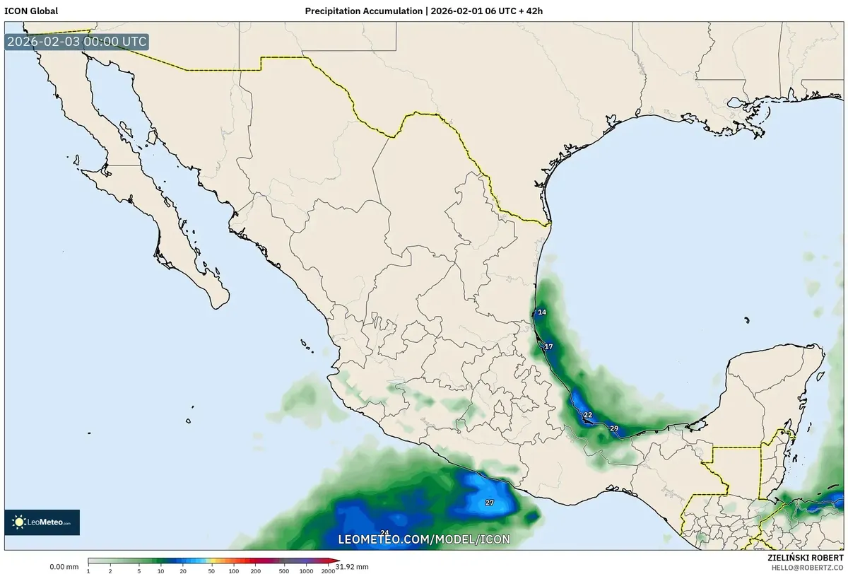 Acumulación ligera de lluvia a lo largo de la costa del Golfo el 2 de febrero de 2026