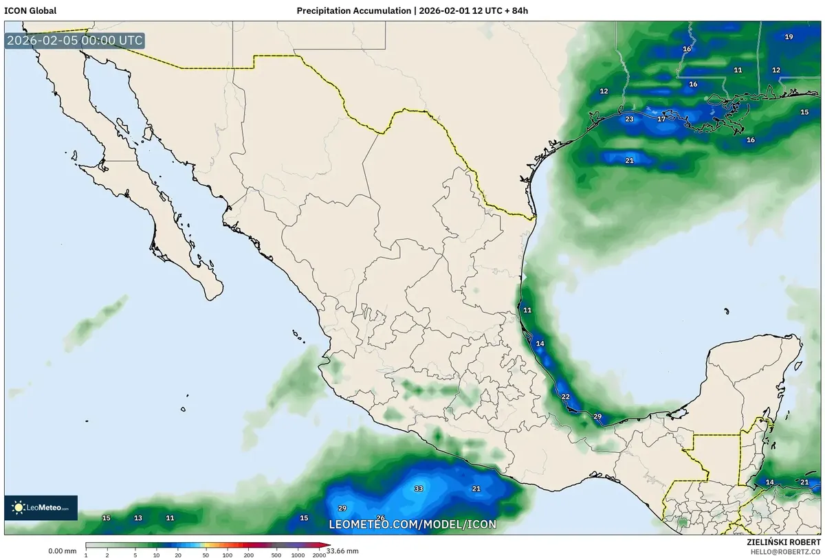 Acumulado vespertino de precipitación en Yucatán 4 de febrero de 2026