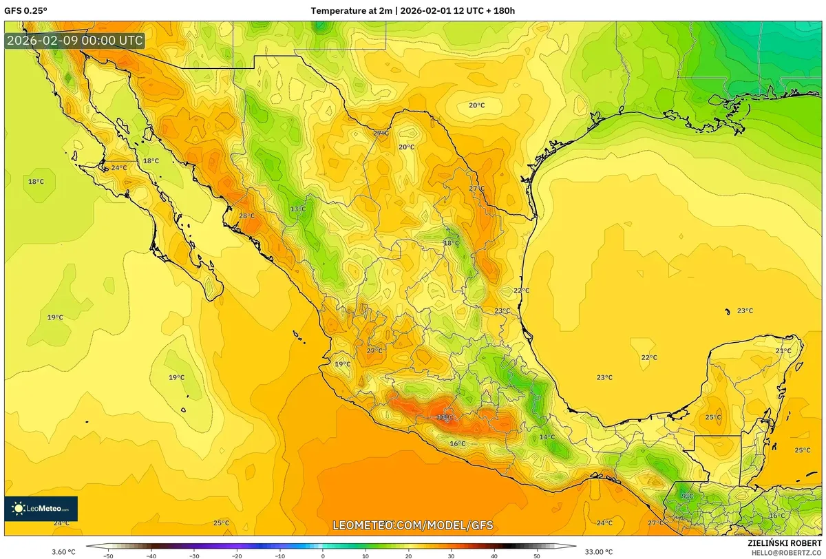 Temperaturas máximas vespertinas en México 8 de febrero de 2026