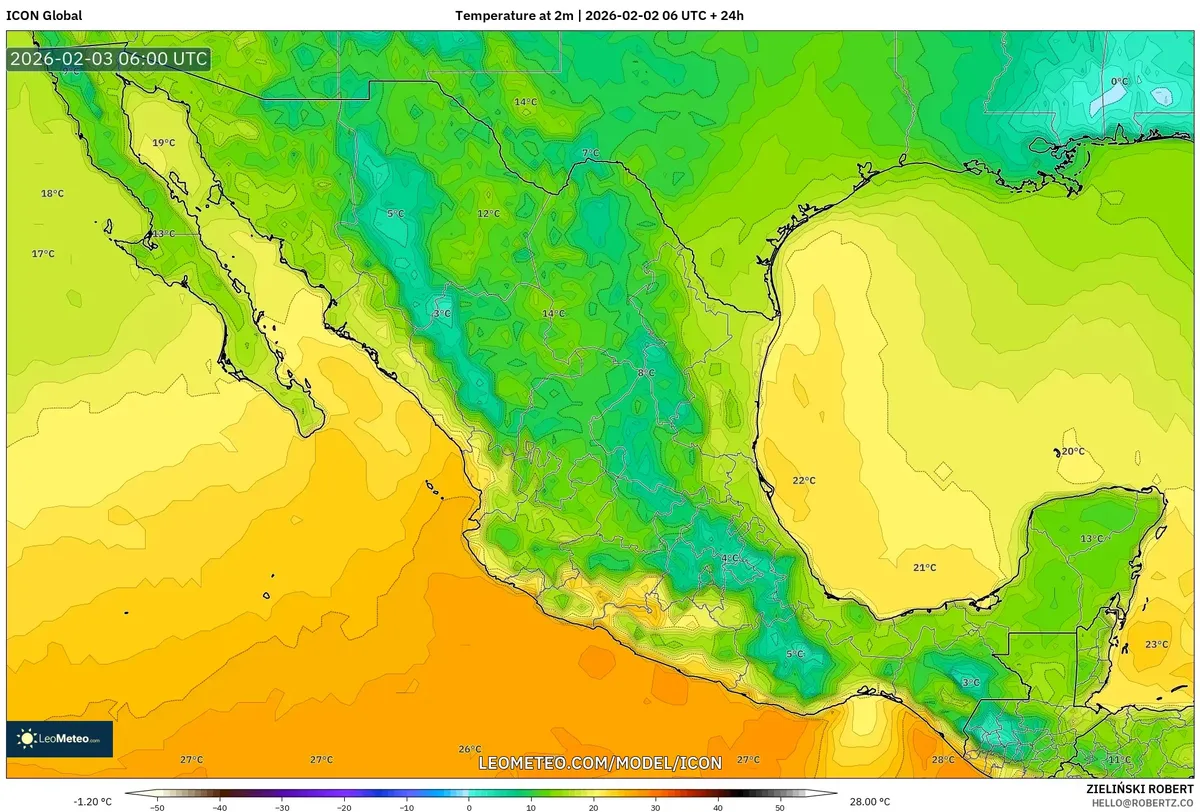 Temperaturas matutinas en México el 3 de febrero de 2026 (ICON)