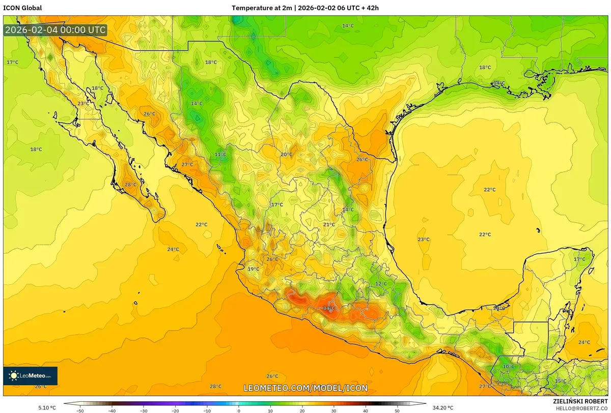 Temperaturas máximas vespertinas en México el 3 de febrero de 2026 (ICON)