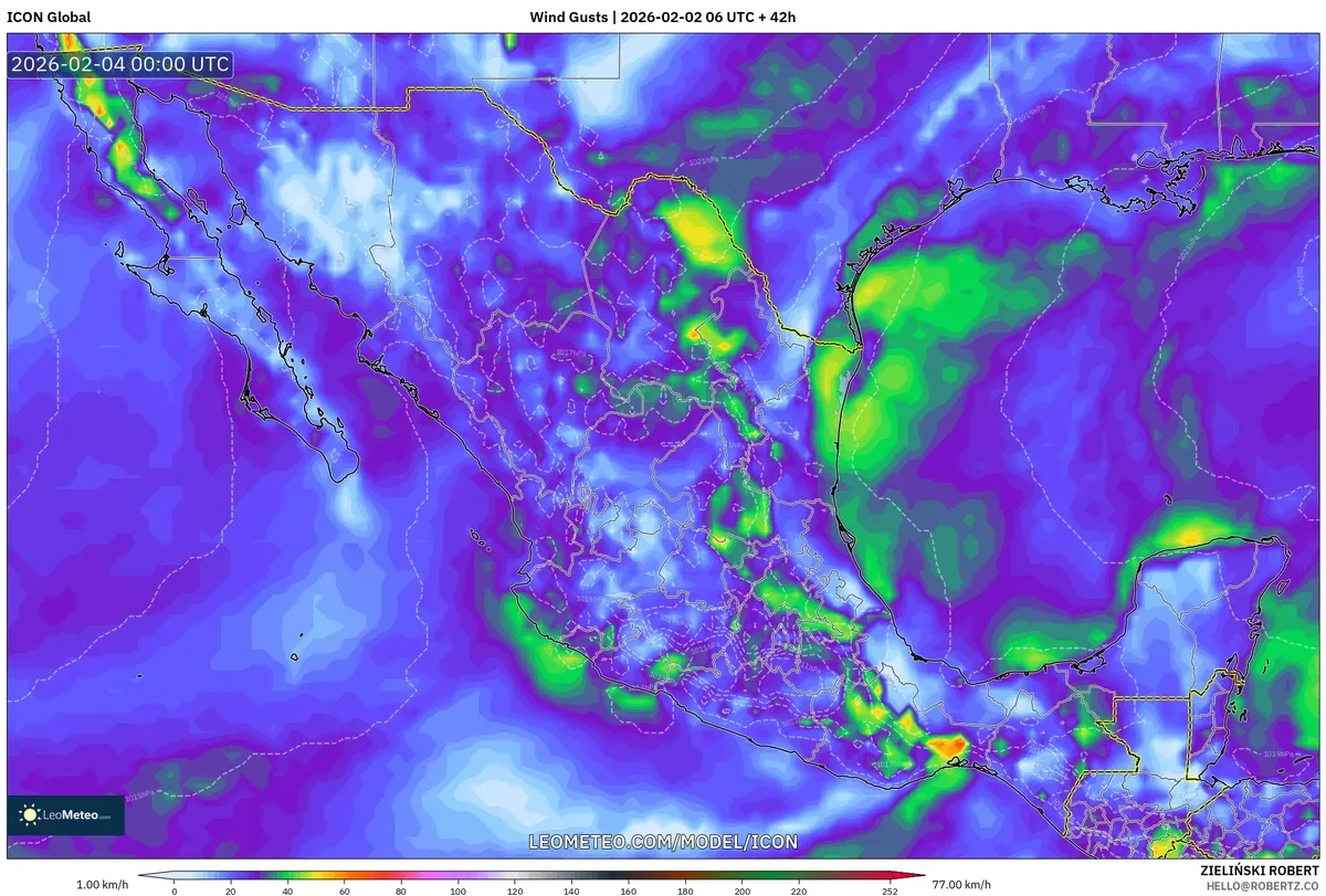 Patrones de rachas de viento vespertinas en México el 3 de febrero de 2026 (ICON)