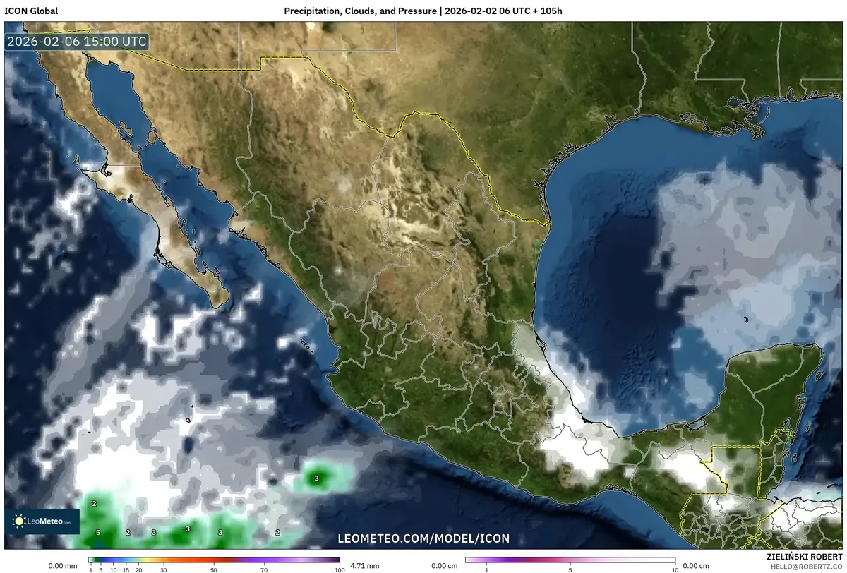 Patrón de precipitación, nubes, temperatura y presión para el 6 de febrero de 2026 (ICON)