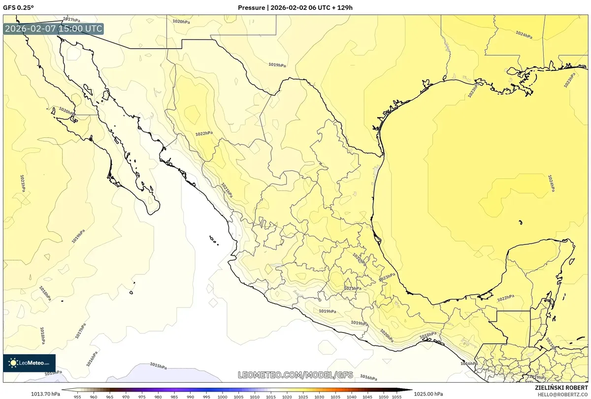 Patrón de presión para el 7 de febrero de 2026 (GFS)