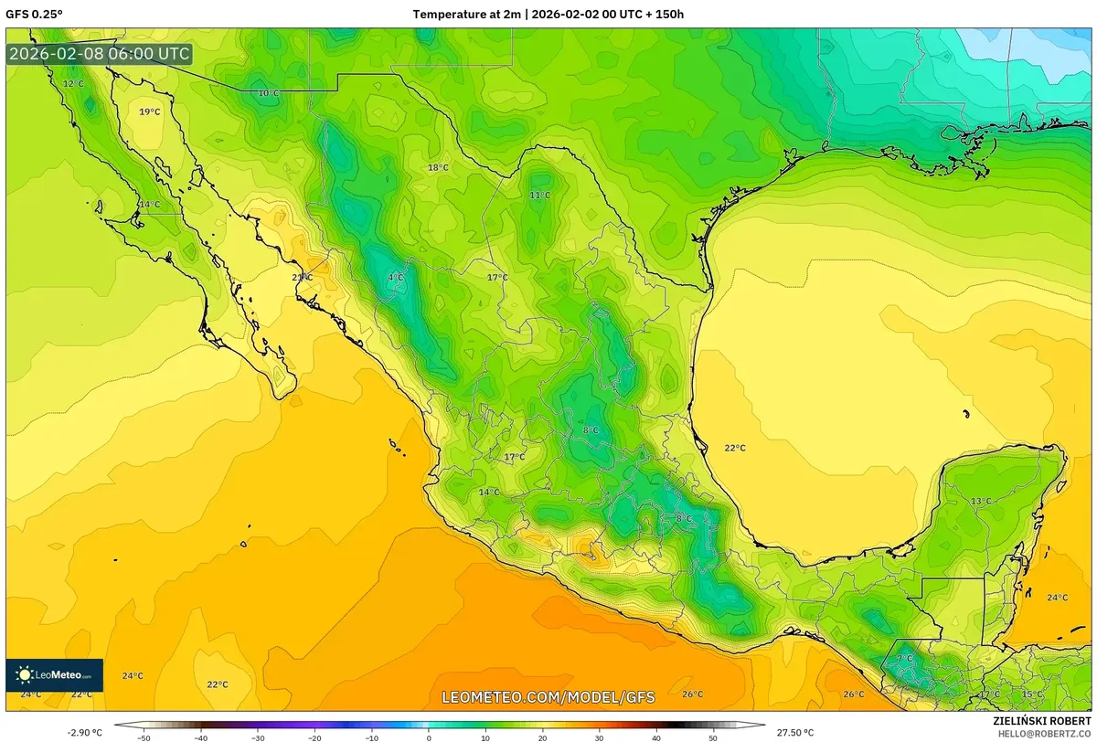 Temperaturas matutinas en México el 8 de febrero de 2026